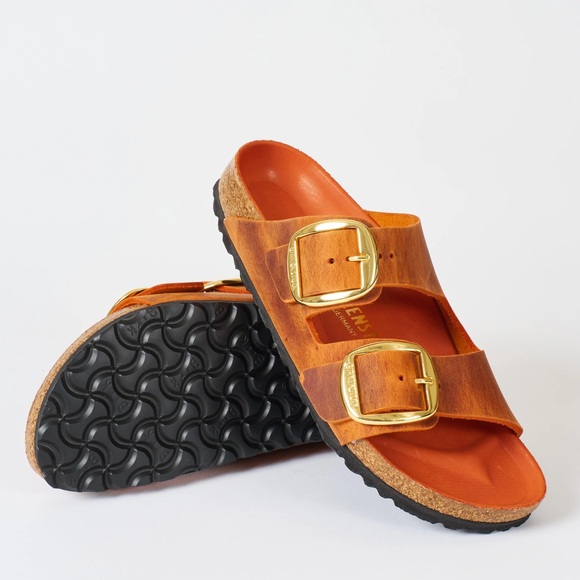 Birkenstock Brown Sandals with Gold Buckles - Picture 1 of 10
